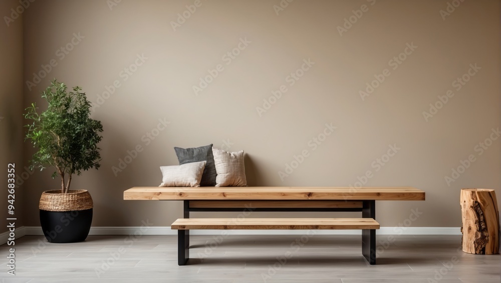 Wooden Table and Bench with Pillows in a Minimalist Room
