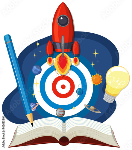 Startup Concept with Rocket and Book