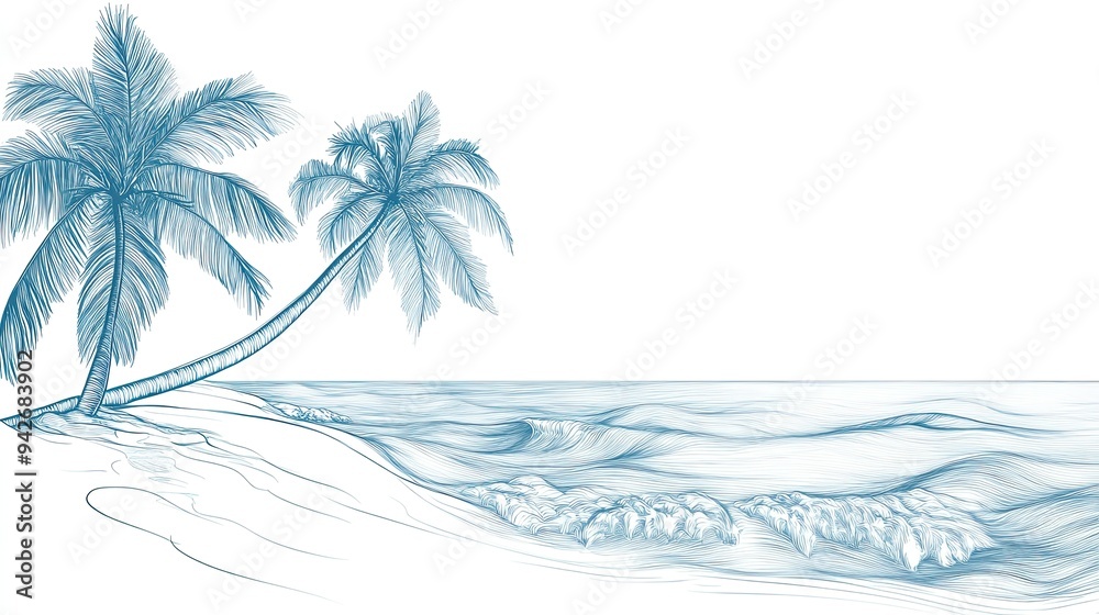 Geometric lines illustrating coconut trees with gentle waves beneath them, capturing the essence of a tropical seascape on a white background. Geometric lines illustrating coconut trees with gentle waves beneath them, capturing the essence of a tropical seascape on a white background.