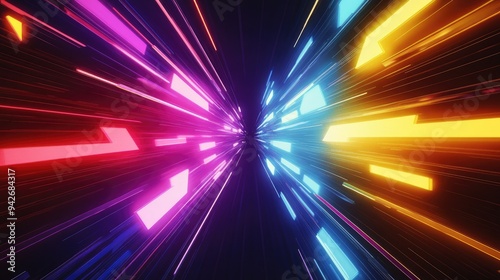 Glowing, multi-colored arrows converging in the center, conveying a sense of speed and energy against a dark background.