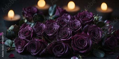 A gothic arrangement of dark roses and violets. photo