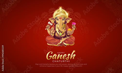 Happy Ganesh Chaturthi Banner and Greeting Card. Birthday Celebration of Lord Ganesh Background with Text and Lord Ganesha Vector Illustration