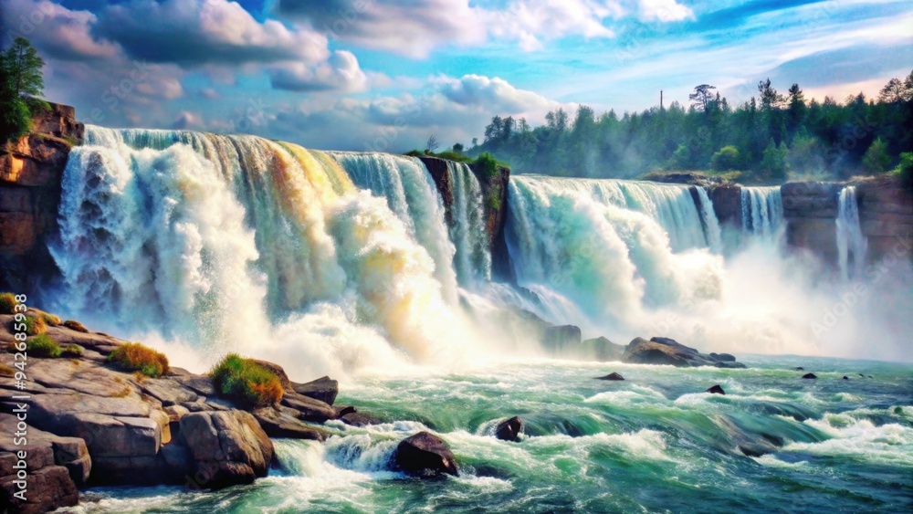Obraz premium A Majestic Waterfall Cascading Over Rocks and into a Foamy River