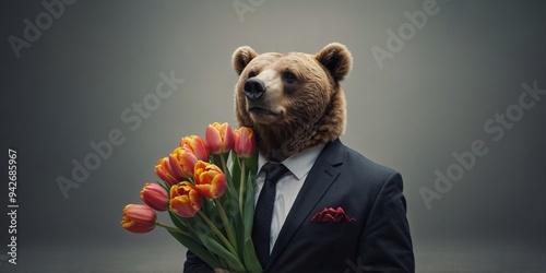 A bear in a suit with a bouquet of tulips on a minimalistic background. photo