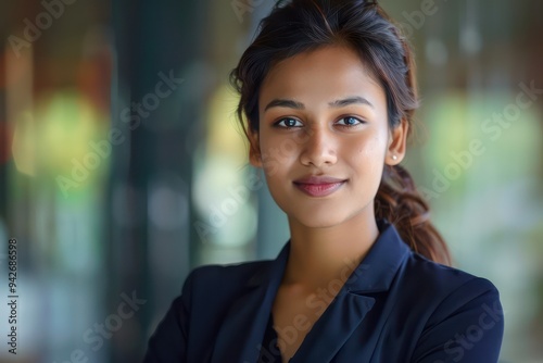 An Asian Indian woman confidently poses for a portrait, showcasing her strong presence and professionalism, embodying success and leadership in her business role.