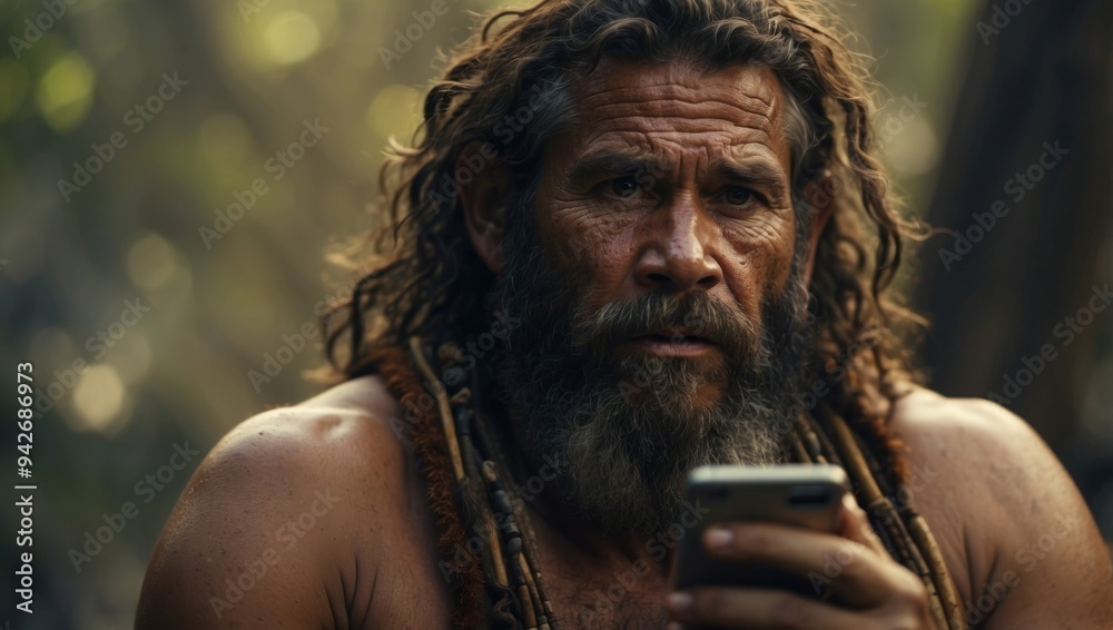 Primitive man embracing technology caveman with smartphone, symbolizing development and innovation. Primitive man embracing technology caveman with smartphone, symbolizing development and innovation.
