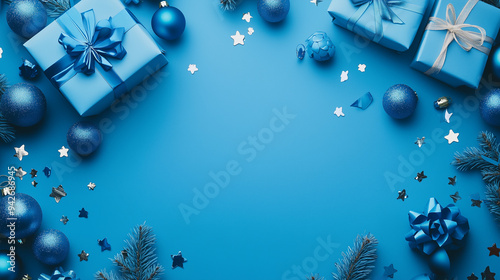 Christmas and New Year holiday blue mockup background. Christmas gifts on blue background top view. Flat lay