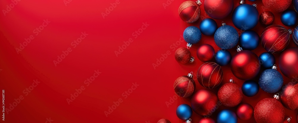 Red and Blue Christmas Ornaments Border on Red Background