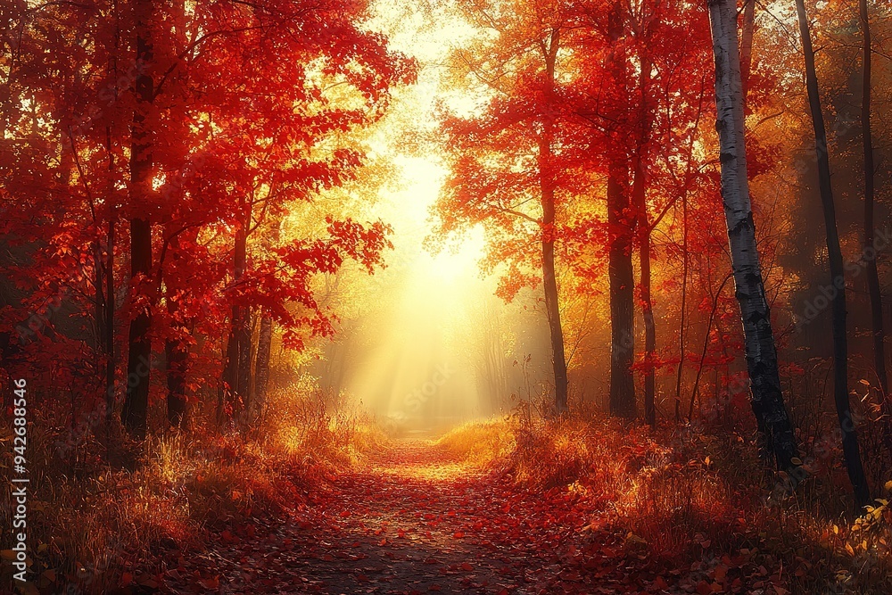 Colorful trees and footpath road in autumn landscape in deep forest. The autumn colors in the forest create a magnificent view. autumn view in nature Colorful trees and footpath road in autumn landscape in deep forest. The autumn colors in the forest create a magnificent view. autumn view in nature