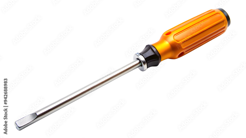 A flat-head screwdriver with a shiny metal shaft and an ergonomic orange and black handle, designed for a firm grip and precision, on a transparent background A flat-head screwdriver with a shiny metal shaft and an ergonomic orange and black handle, designed for a firm grip and precision, on a transparent background