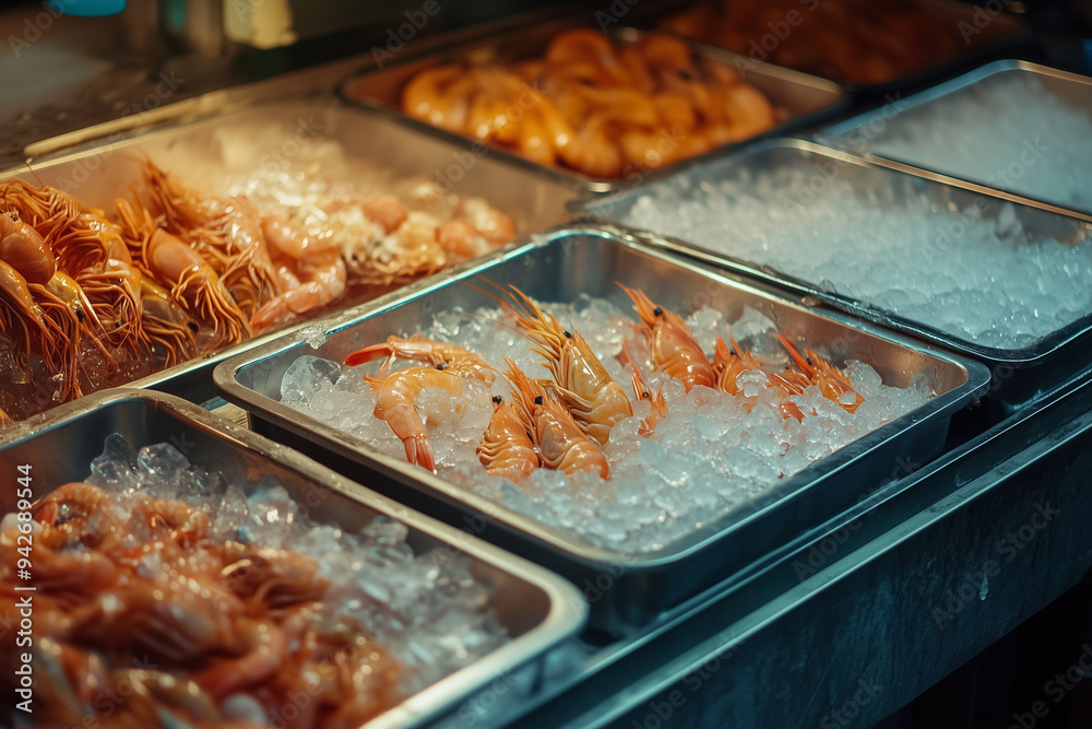 large pile of shrimp is sitting in a container of ice. The shrimp are pink and appear to be fresh large pile of shrimp is sitting in a container of ice. The shrimp are pink and appear to be fresh
