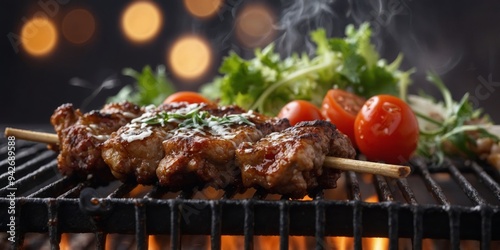 A mouthwatering view of a perfectly browned and crispy kebab smothered in a savory sauce and grilling on an electric grill. photo