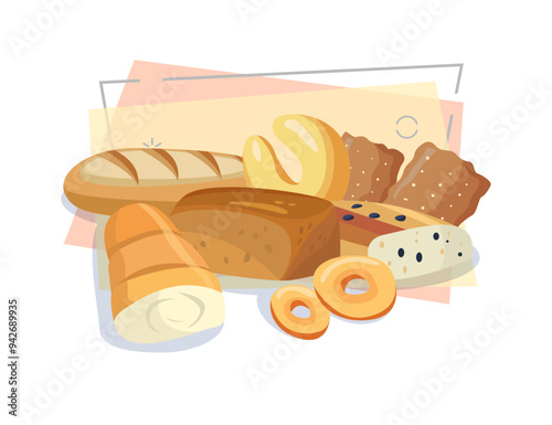 Baked goods vector illustration. Bread loaf, donut, baton, croissant. Food concept. Can be used for topics like bakery, pastries, confectionery shop