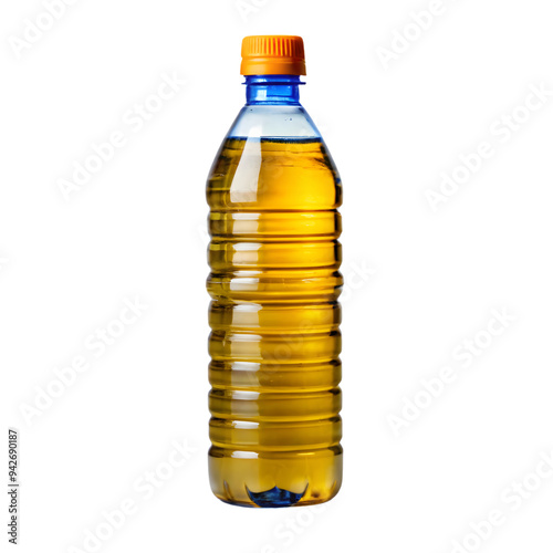 A plastic bottle filled with golden-yellow oil, capped with a bright orange lid. The bottle's ribbed design provides a secure grip, on a transparent background