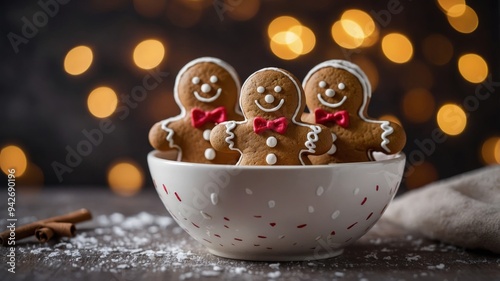 Gingerbread men in a bowl close-up on a Christmas background. photo