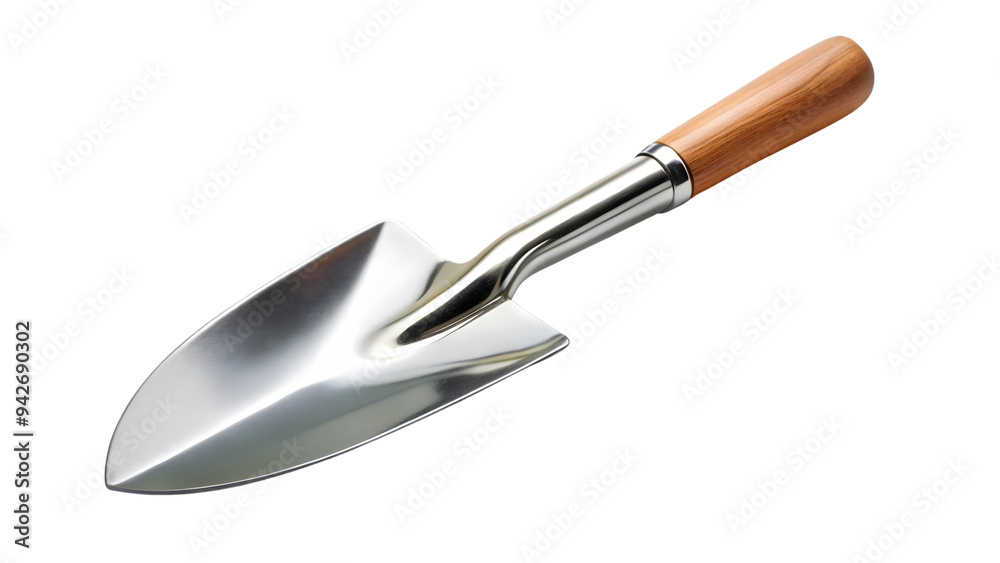 Fototapeta premium A sleek metal garden trowel with a smooth, reflective finish. The handle is made of polished wood, offering a comfortable grip for gardening tasks, on a transparent background