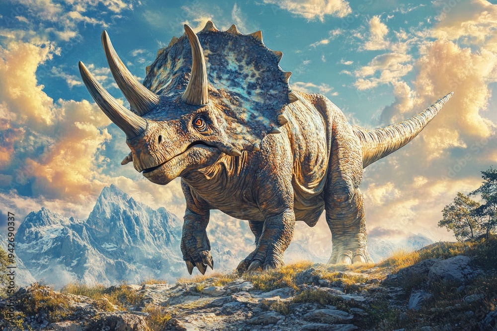 Fototapeta premium Triceratops Dinosaur Standing on Mountain Peak