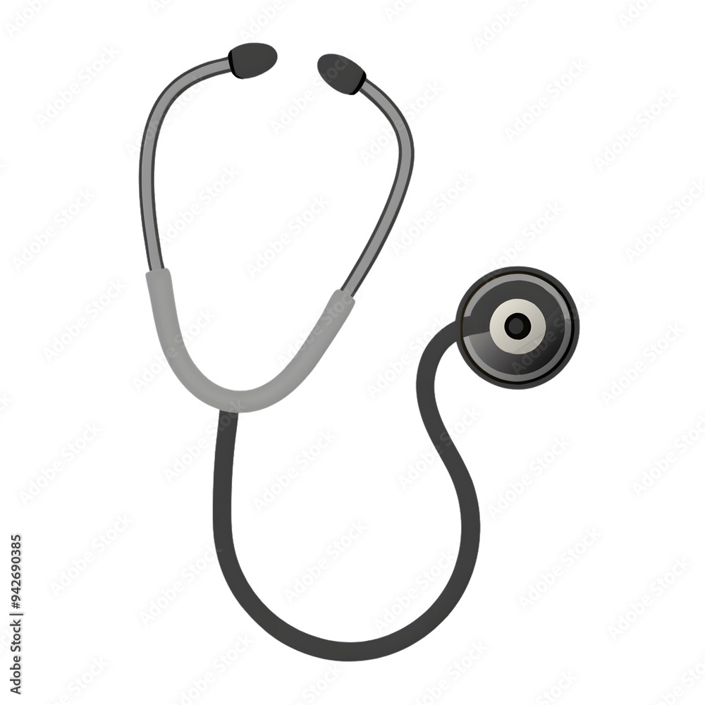 A stethoscope with black and gray tones. The image focuses on the chest piece, highlighting the simplicity and functionality of the instrument, on a transparent background A stethoscope with black and gray tones. The image focuses on the chest piece, highlighting the simplicity and functionality of the instrument, on a transparent background