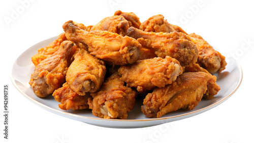 A white plate piled with crispy, golden-brown fried chicken drumsticks, showcasing the crunchy texture and juicy interior, on a transparent background