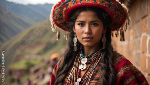 Peruvian young woman in traditional clothing on an Inca wall in Chinchero, Cusco, Peru.