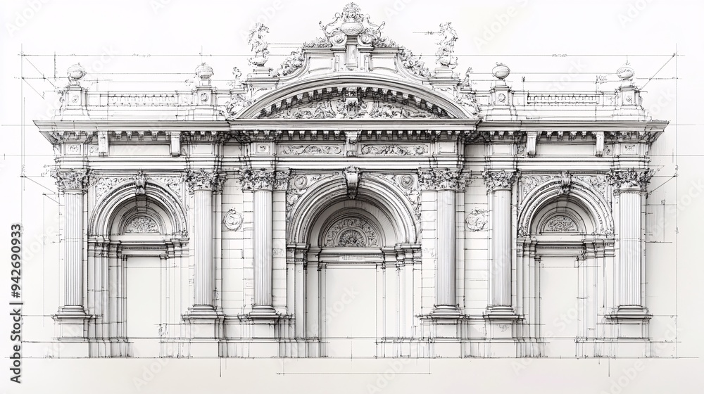 Elegant monotone line sketch of a grand architectural facade, with ...