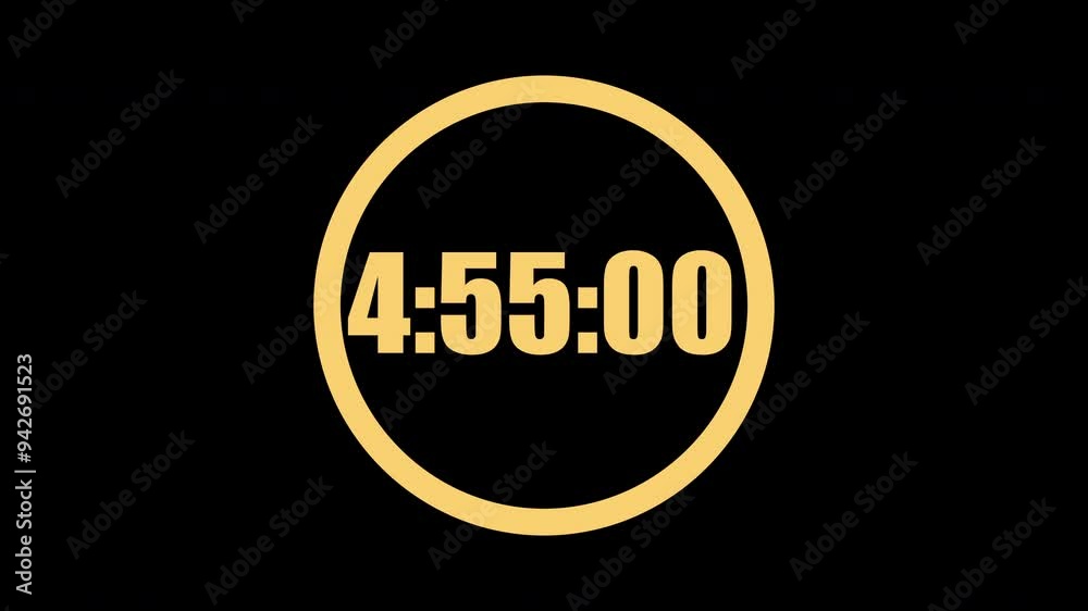 5 Minute countdown timer in a circle. Gold numbers on black background. 5 minute countdown. Digital countdown. 4K motion count down timer. 5 Minute countdown timer in a circle. Gold numbers on black background. 5 minute countdown. Digital countdown. 4K motion count down timer.