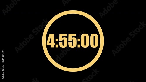 5 Minute countdown timer in a circle. Gold numbers on black background. 5 minute countdown. Digital countdown. 4K motion count down timer.