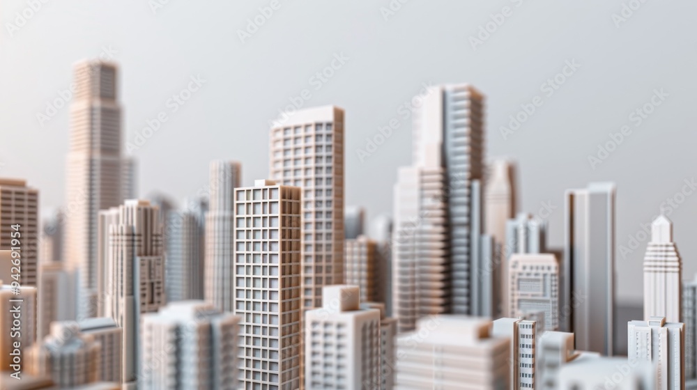 Obraz premium Urban skyscraper layout development, 3D model, copy space, full object coverage, deep depth of field.