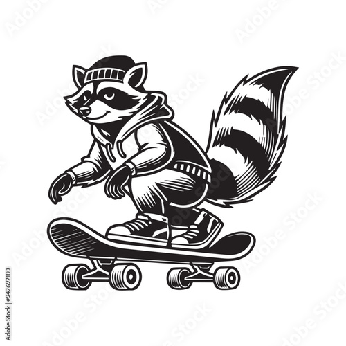 Raccoon  Silhouette, Funny Raccoon  clipart - A Raccoon Riding a Skateboard vector illustration in black and white 
