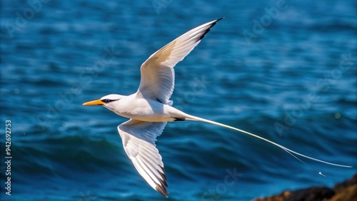 White-tailed tropicbird in flight over blue ocean photo