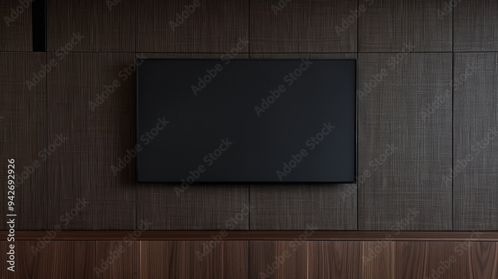 Dark textured fabric TV wall, minimalist wooden cabinet, few decorations, ample blank space, subtle side furniture details. Dark textured fabric TV wall, minimalist wooden cabinet, few decorations, ample blank space, subtle side furniture details.