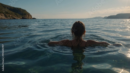 person in the sea water calm nature beauty solitude on a sunlight background. photo