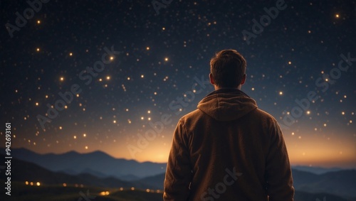 Man standing and looking at the stars in the sky. photo