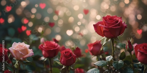 A romantic and charming indoor garden filled with blooming red and pink roses, surrounded by hearts and love on a beautiful valentine's day background. photo