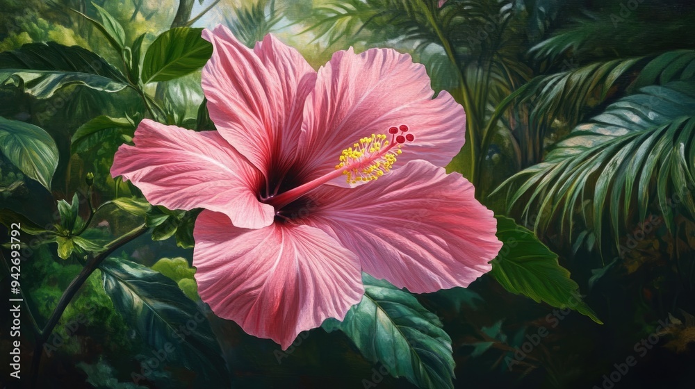 Pink Hibiscus Green Background. Generative AI Pink Hibiscus Green Background. Generative AI