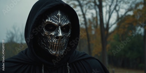 masked man wearing a black cloak evil spooky monster looking man.