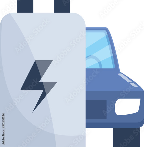 Electric car charging at public charging station with accumulator in the foreground