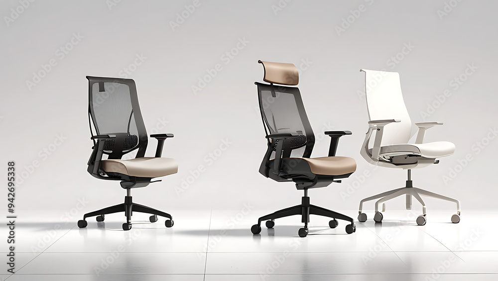 A pair of modern, ergonomic office chairs in neutral shades, positioned side by side on a plain white background, perfect for showcasing office furniture and workplace essentials. A pair of modern, ergonomic office chairs in neutral shades, positioned side by side on a plain white background, perfect for showcasing office furniture and workplace essentials.