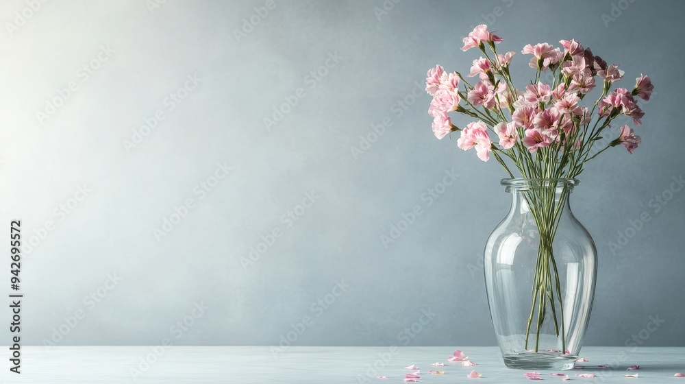 Fototapeta premium A delicate glass vase holding vibrant flowers that wilt instantly upon contact, the petals falling like tears, capturing the ephemeral nature of beauty