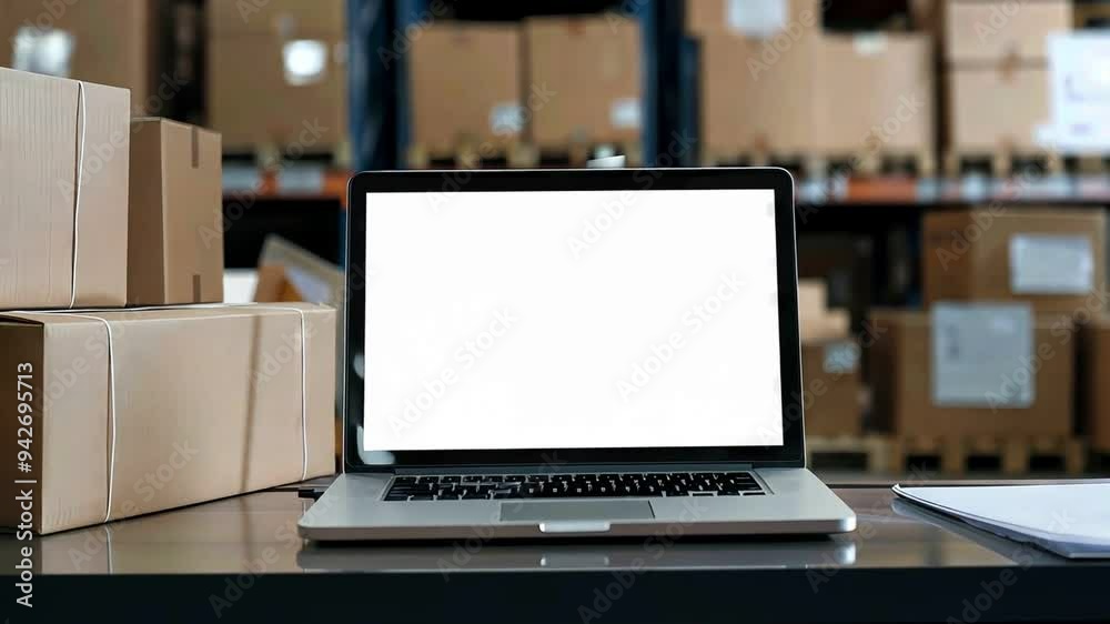 Laptop with blank screen, coffee cup and cardboard boxes on a table. Laptop with blank screen, coffee cup and cardboard boxes on a table.