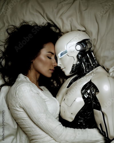 Woman Embracing a Robot in an Intimate and Futuristic Relationship Concept