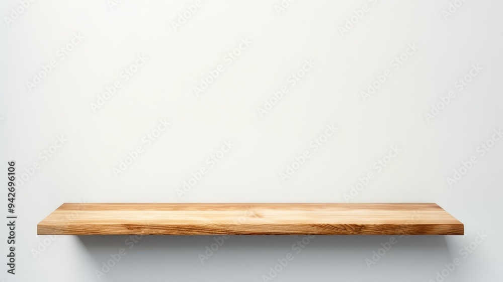 Sophisticated Wood Floating Shelf on White Wall with Copy Space, Deep Depth of Field, Focus on Object Coverage Sophisticated Wood Floating Shelf on White Wall with Copy Space, Deep Depth of Field, Focus on Object Coverage