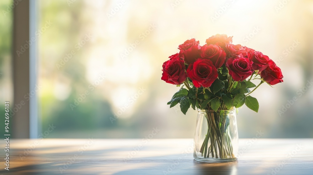 A delicate vase with a lush bouquet of red roses, set on a wooden dining table for two, soft natural light filtering in, evoking a romantic ambiance A delicate vase with a lush bouquet of red roses, set on a wooden dining table for two, soft natural light filtering in, evoking a romantic ambiance