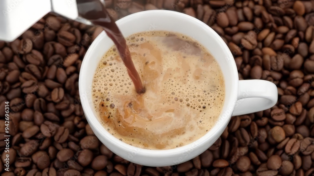 Steaming Hot Coffee in a Cup Surrounded by Coffee Beans - Rustic Morning Steaming Hot Coffee in a Cup Surrounded by Coffee Beans - Rustic Morning