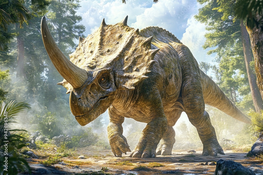 Fototapeta premium A Massive, Horned Dinosaur in a Foggy Forest