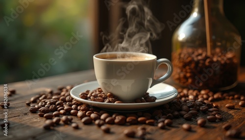 Steaming Hot Coffee in a Cup Surrounded by Coffee Beans - Rustic Morning