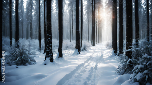 A gentle snowfall in a quiet winter forest with tall, snow-covered trees