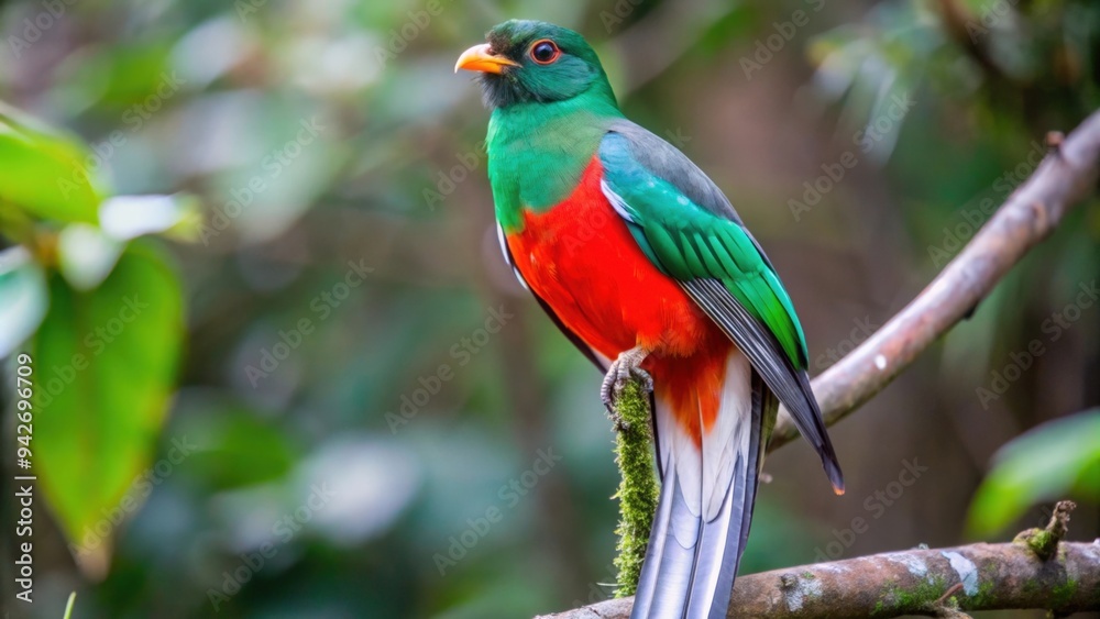 Obraz premium A Vibrant Green and Red Quetzal Perched on a Branch