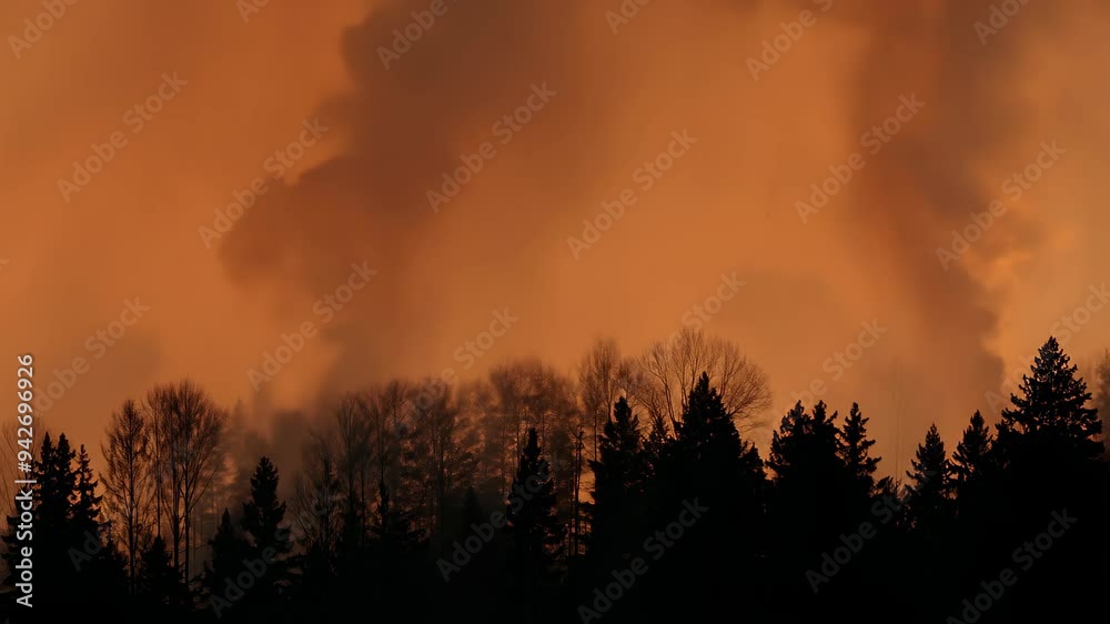 Trees rise starkly against a deep orange sky, their silhouettes framed by swirling smoke that adds an air of mystery to the vibrant evening landscape.