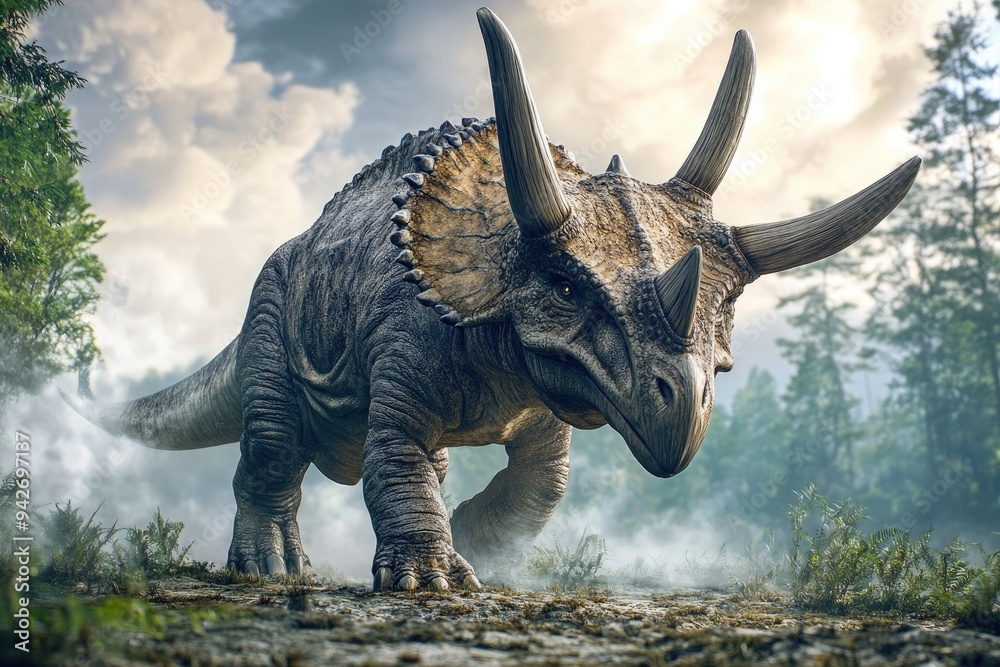 Fototapeta premium A Triceratops Dinosaur Walking Through a Foggy Forest